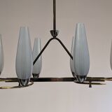 Eight-light chandelier in glass and brass, France circa 1960.