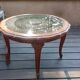 Table basse merisier, cannage et verre style Louis XV, vers 1960