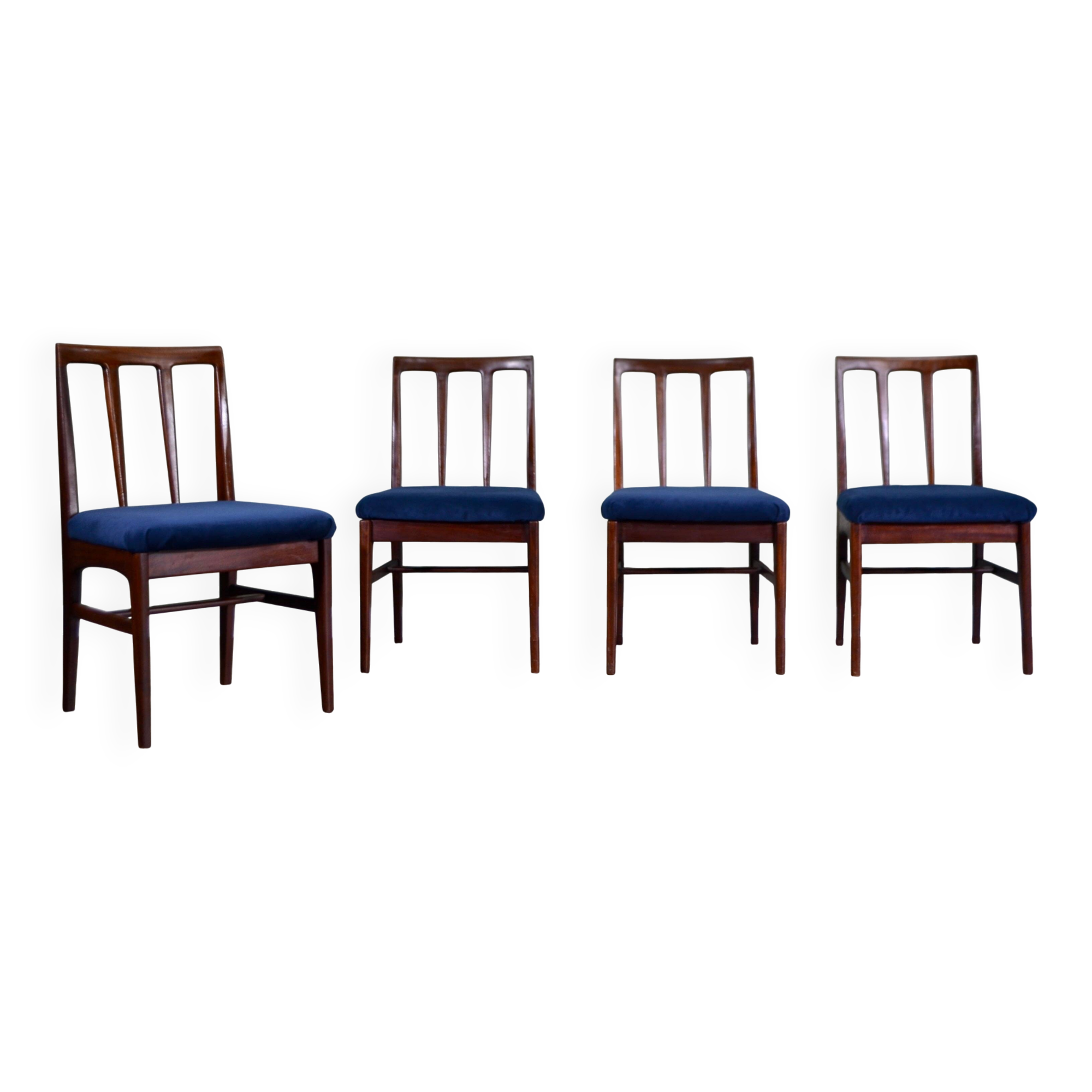 Stylish Set Of 4 Vintage Midcentury A. Younger Afromosia And Velvet Chairs.