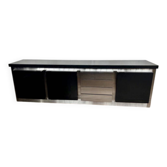 Vintage wooden and aluminum sideboard designed by the 1970s with 3 doors and 4 drawers