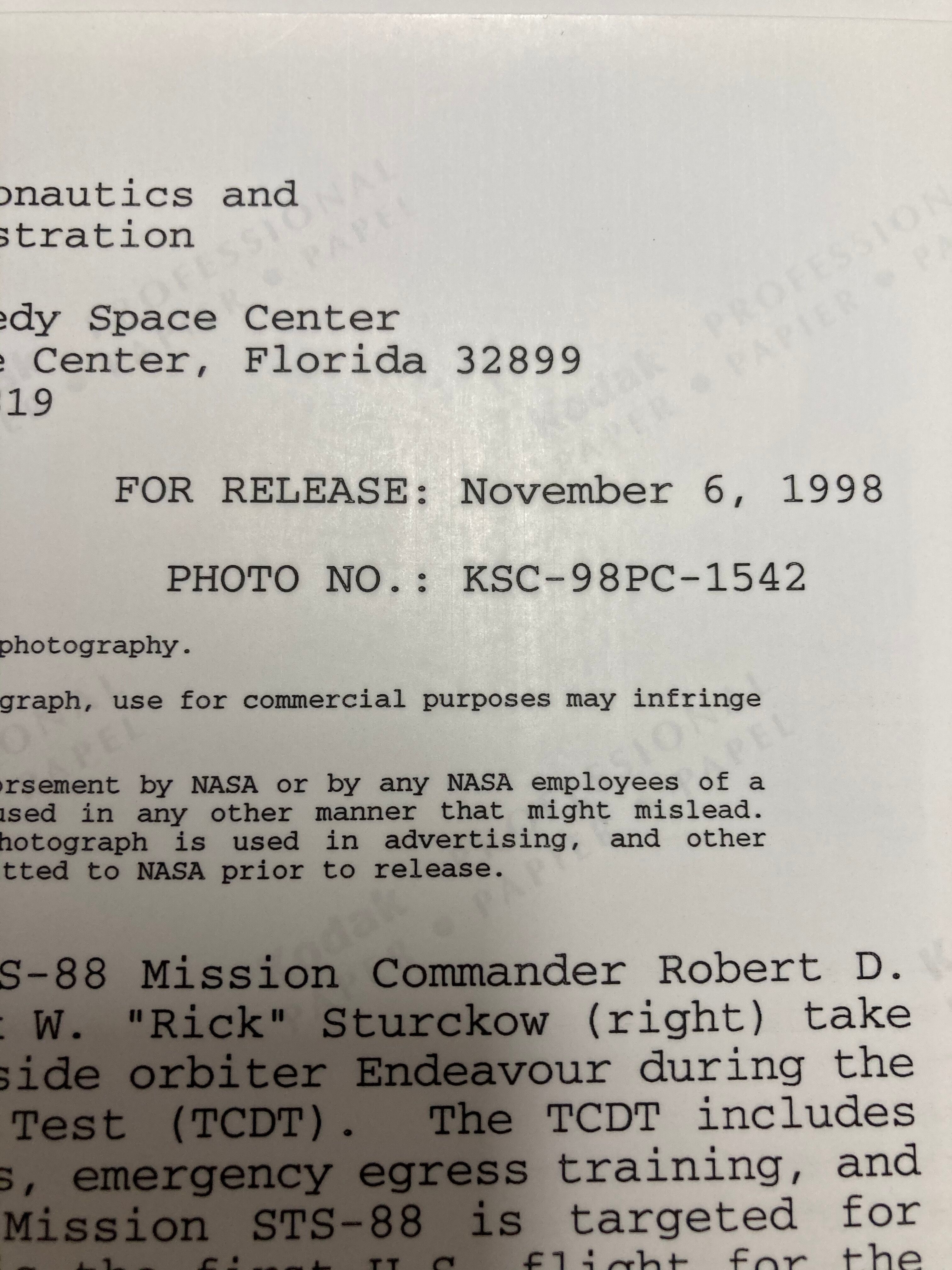 Original Nasa Mission STS-88 Photography