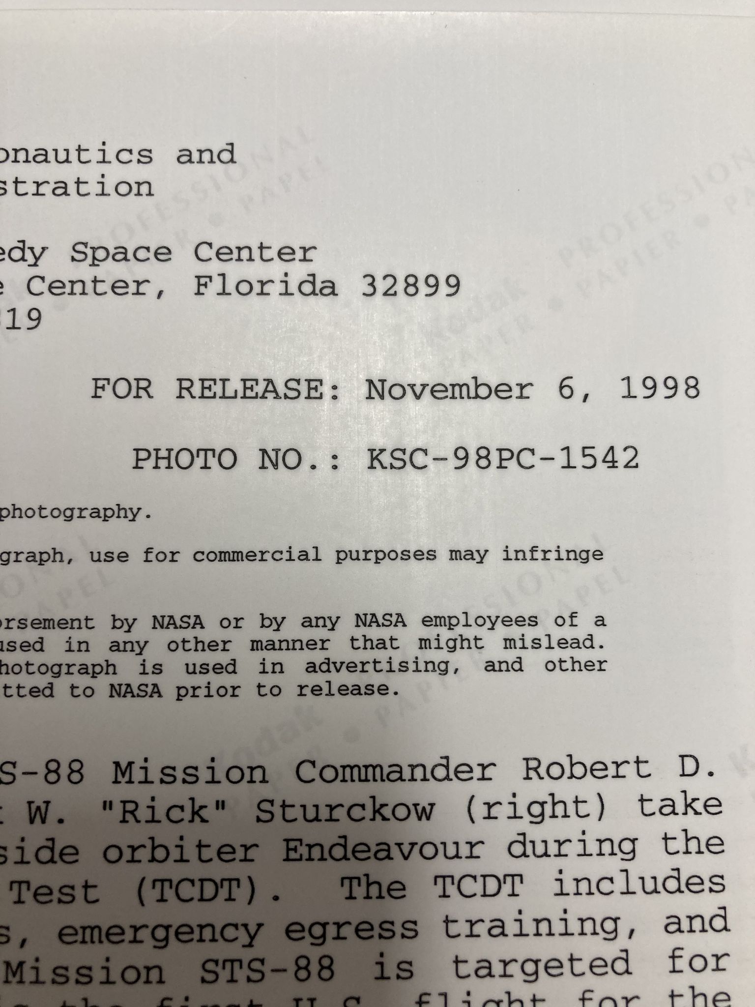 Photographie Mission STS-88 originale Nasa