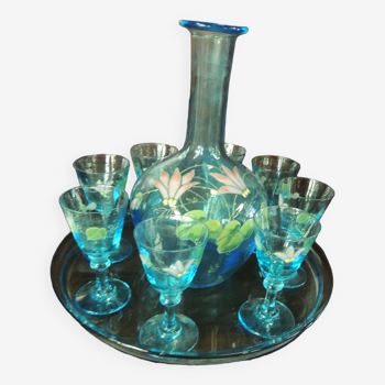 Carafon tray service and 8 floral pattern glasses