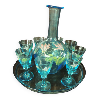 service plateau carafon et 8 verres motif floral