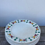 6 flat plates in white Gien ceramic with fruit patterns