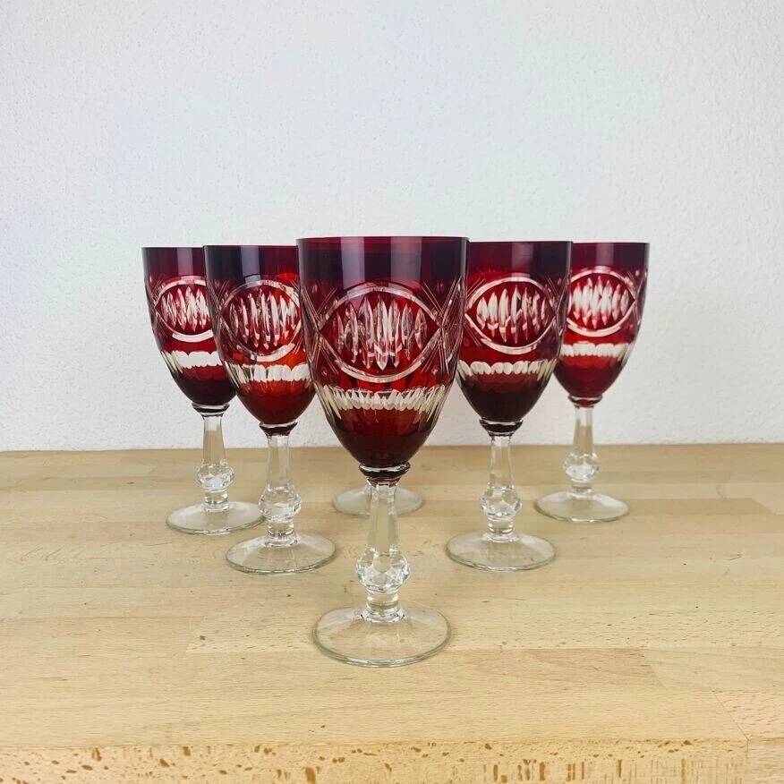 6 antique red Bohemian crystal wine glasses.