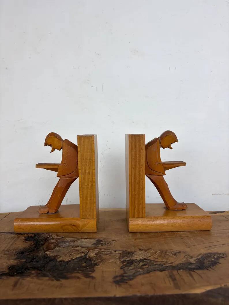 Vintage Mid-Century Cubist German Carved Wood Bookends – Art Deco Style