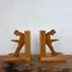 Vintage Mid-Century Cubist German Carved Wood Bookends – Art Deco Style