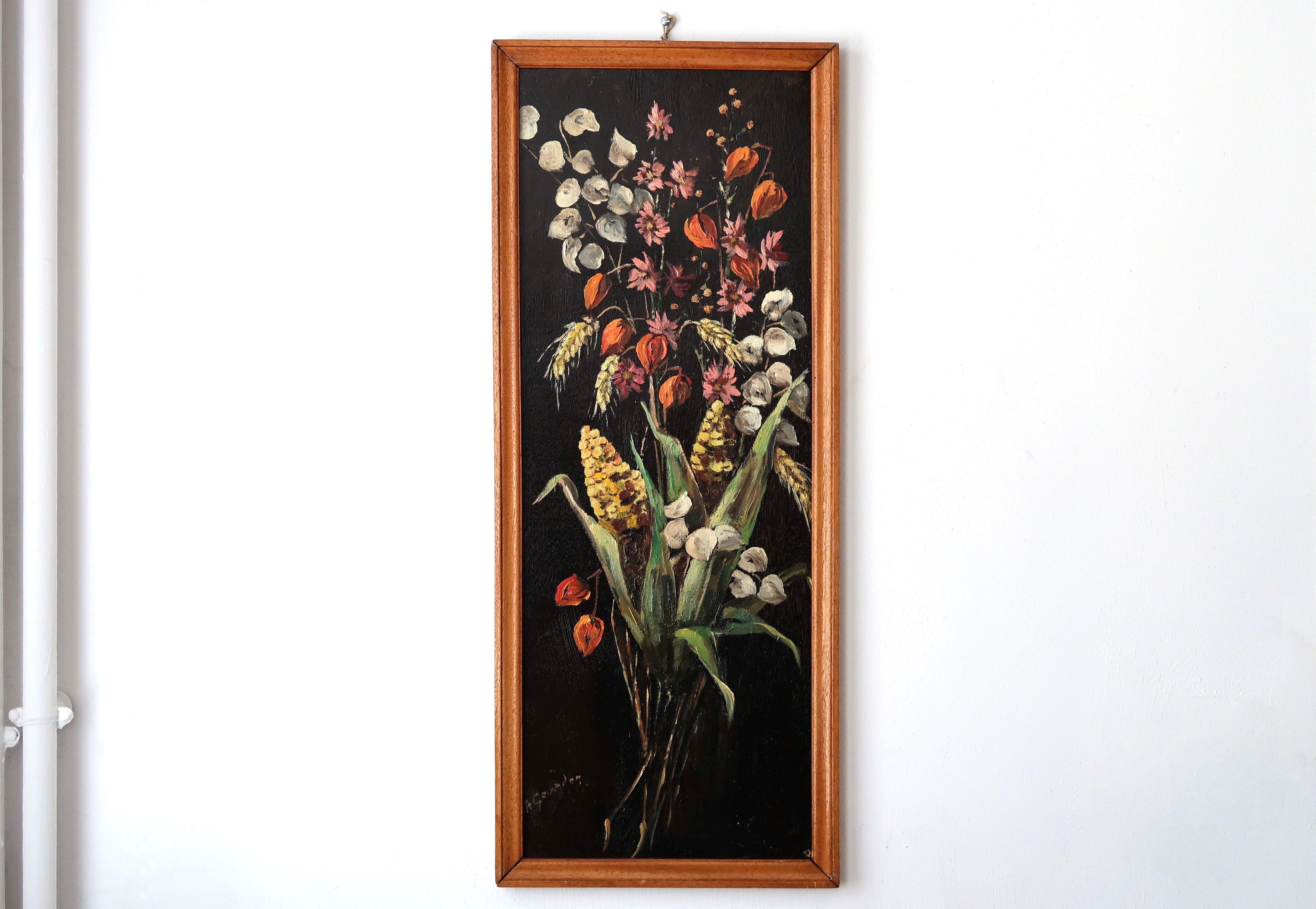 Painting, signed oil painting: flowers on a black background, 50s