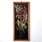 Painting, signed oil painting: flowers on a black background, 50s