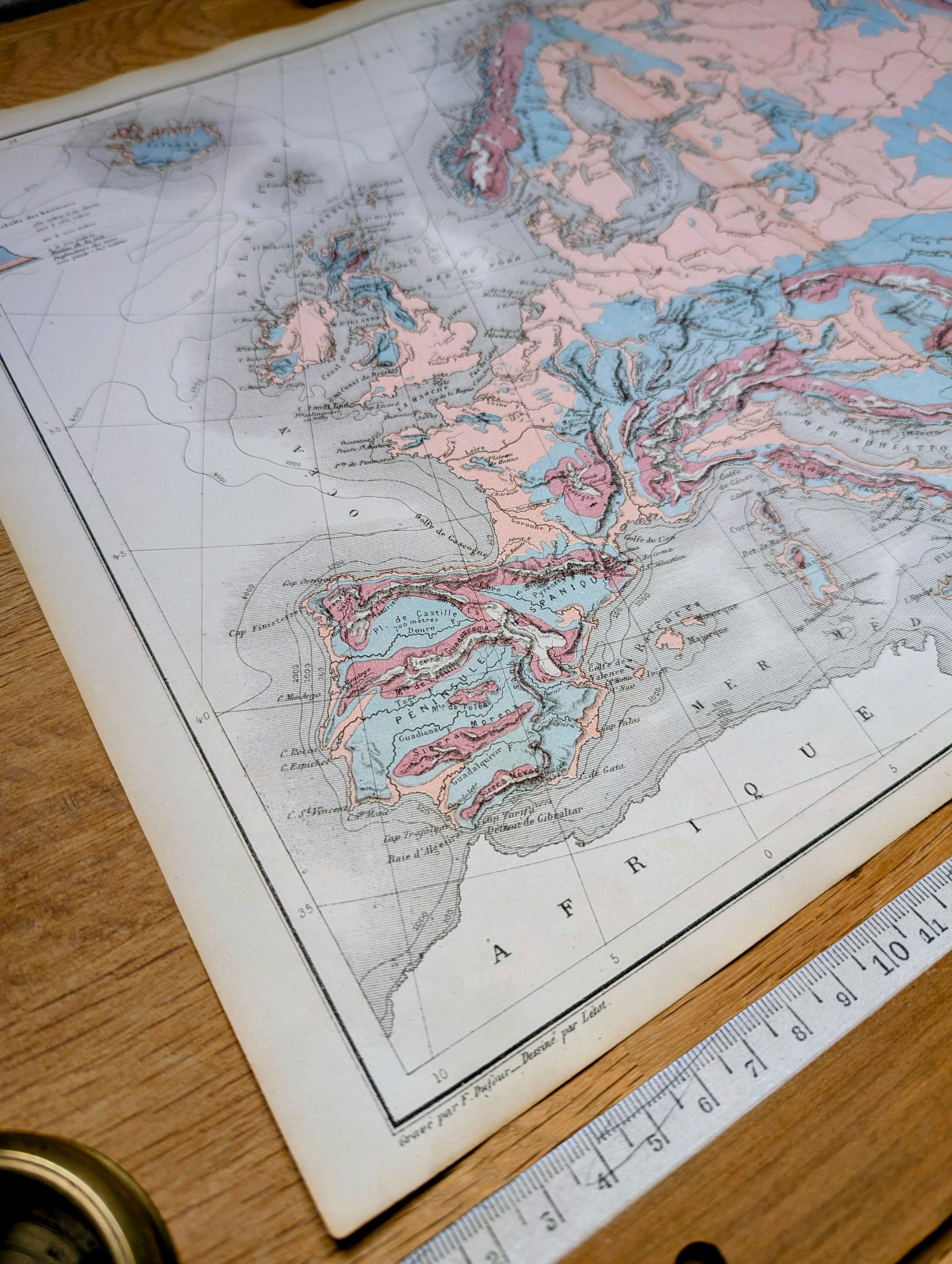 Europe and its reliefs, original map printed in 1879.