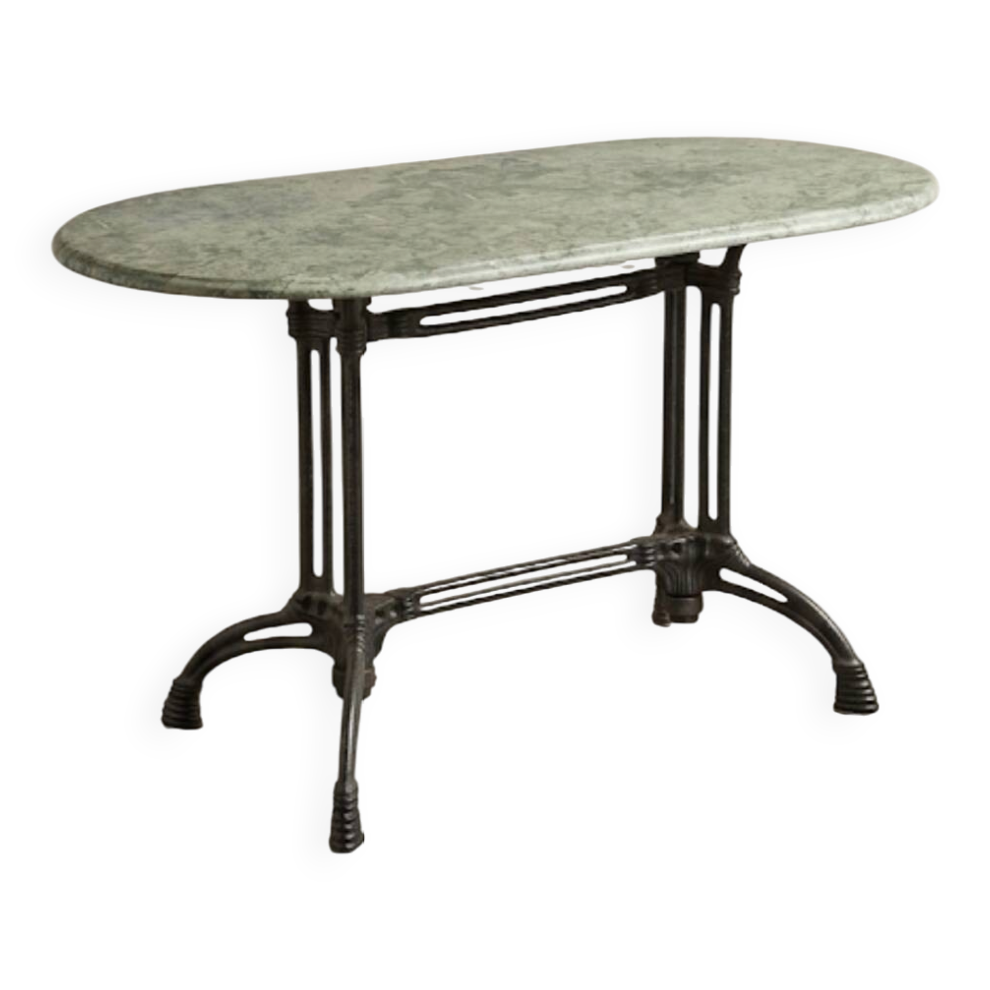 Table ovale en marbre vert à orthocères & pied en fonte / fer forgé
