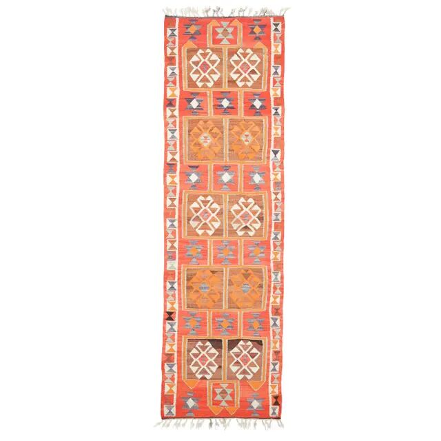 1970s Vintage Turkish Hand-Knotted Wool Cotton Red Runner Rug 96x320