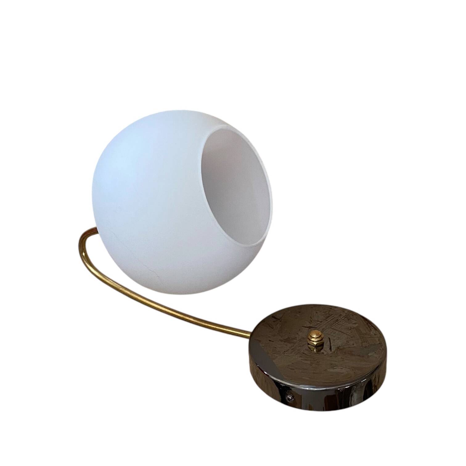 Antique swan neck wall light in brass with a white opaline tulip shade.