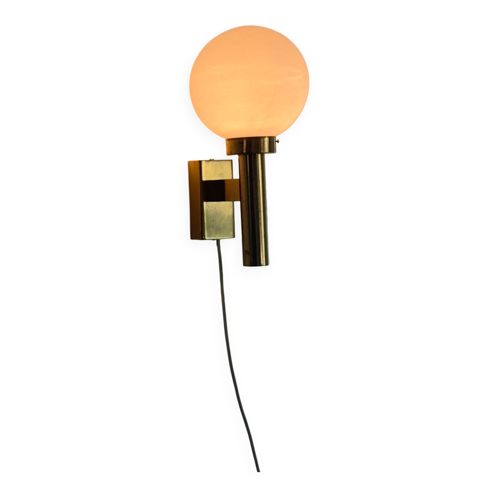 Large minimalist cinema wall light in opal glass and heavy brass, 1960s, Germany
