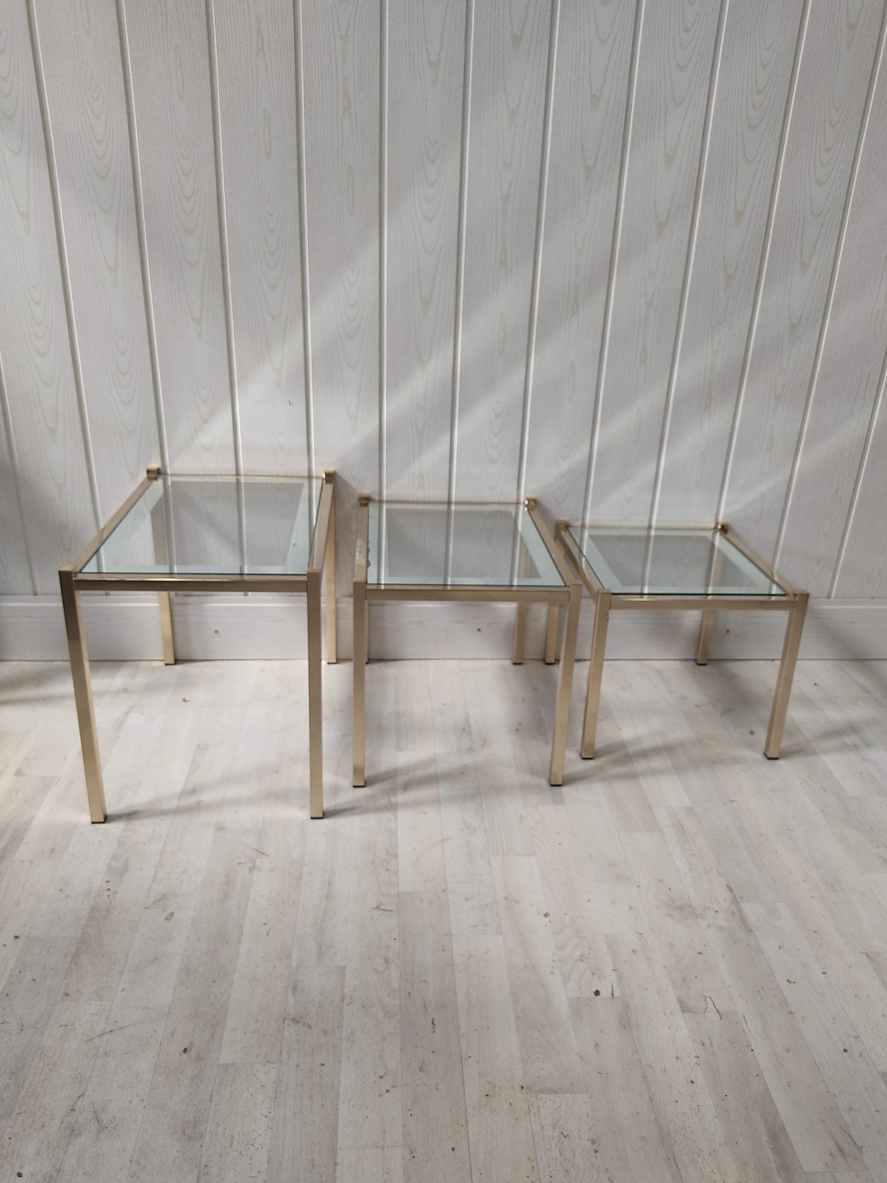 Vintage gilded metal side tables, glass and mirror