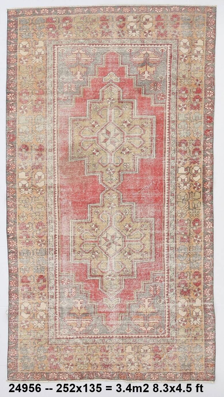 Turkish Light Yellow & Red Vintage Rug, 135x253Cm