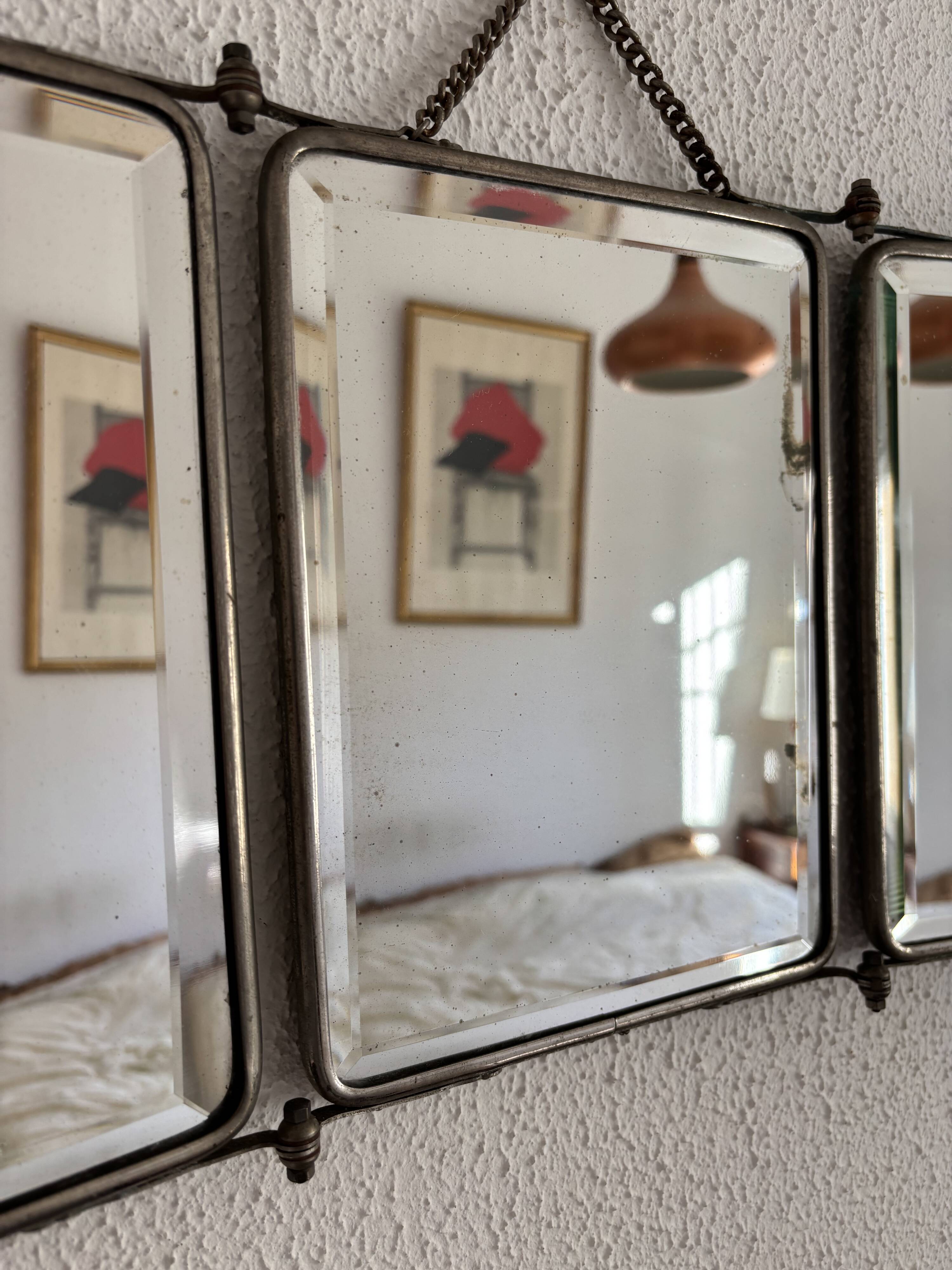 Miroir vintage 1930 triptyque barbier cristal biseauté- 25 x 58 cm