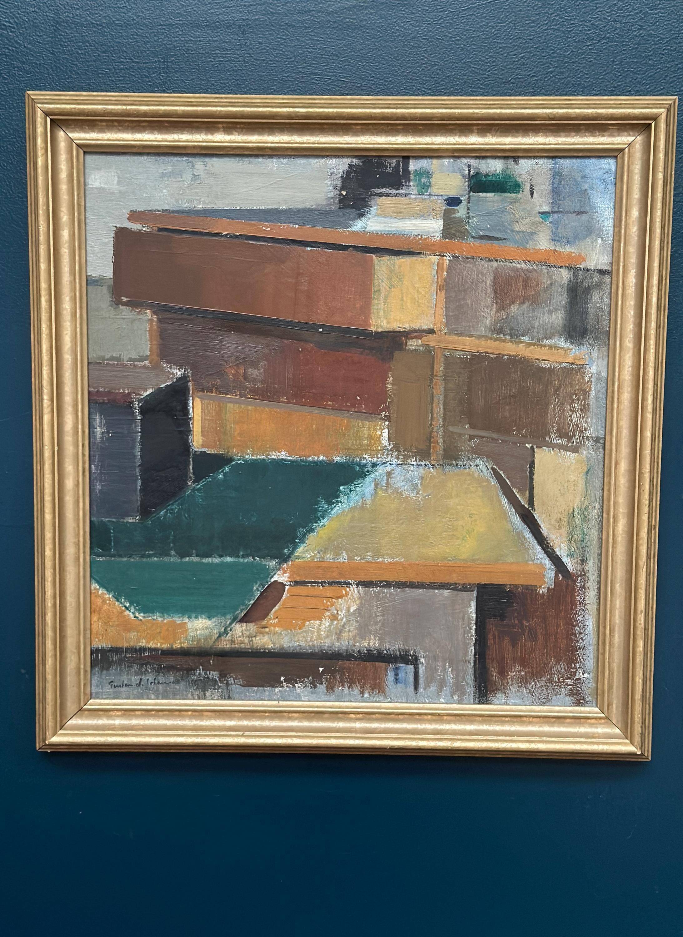 Swedish Oil on Canvas – “Cubist Rooftops” by Gustav Adolf Johansson
