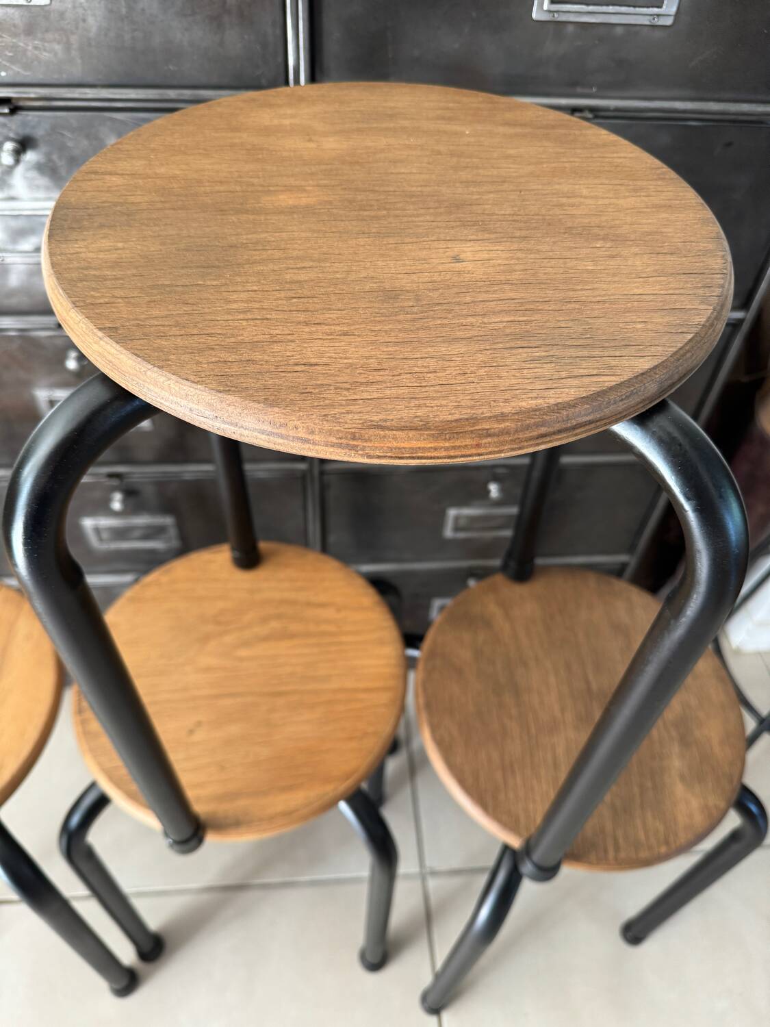 Series of 4 metal and wood school stools