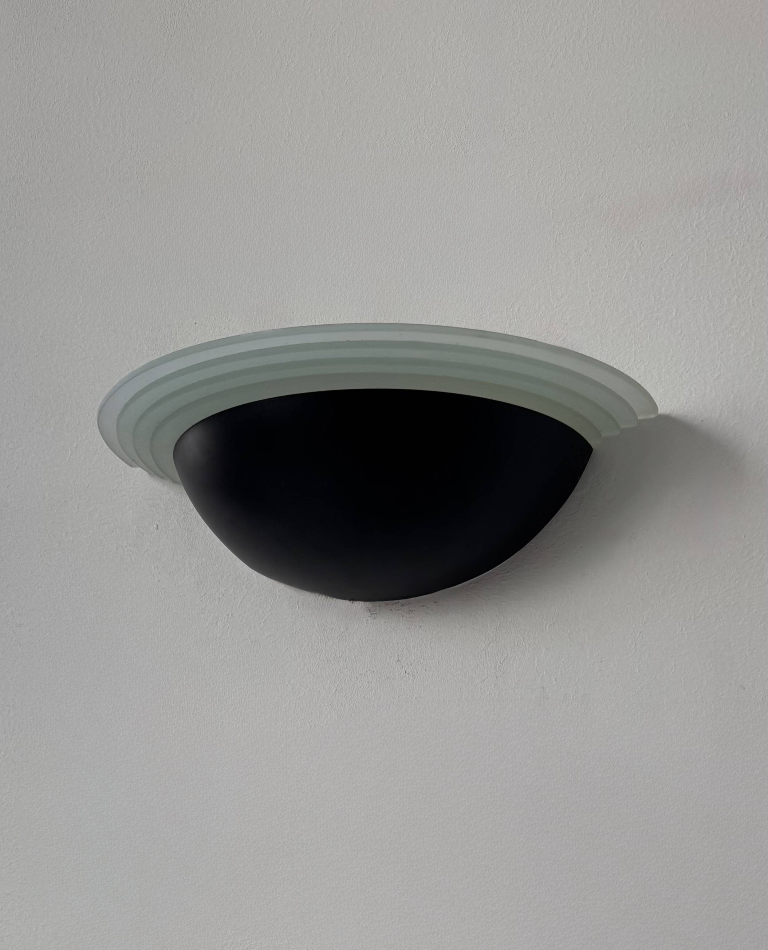 Vintage half-moon wall light, sandblasted glass and black lacquered metal, France, 1970