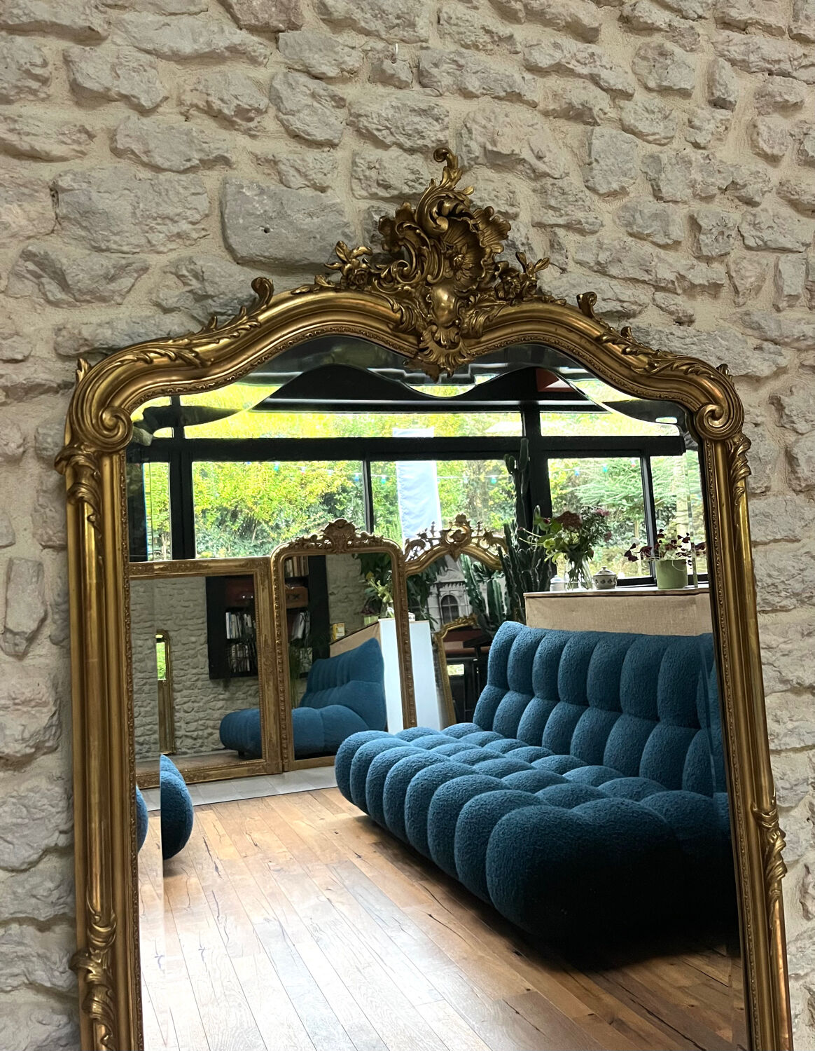 Antique mirror 160.5/87cm with gilt Louis XV style pediments