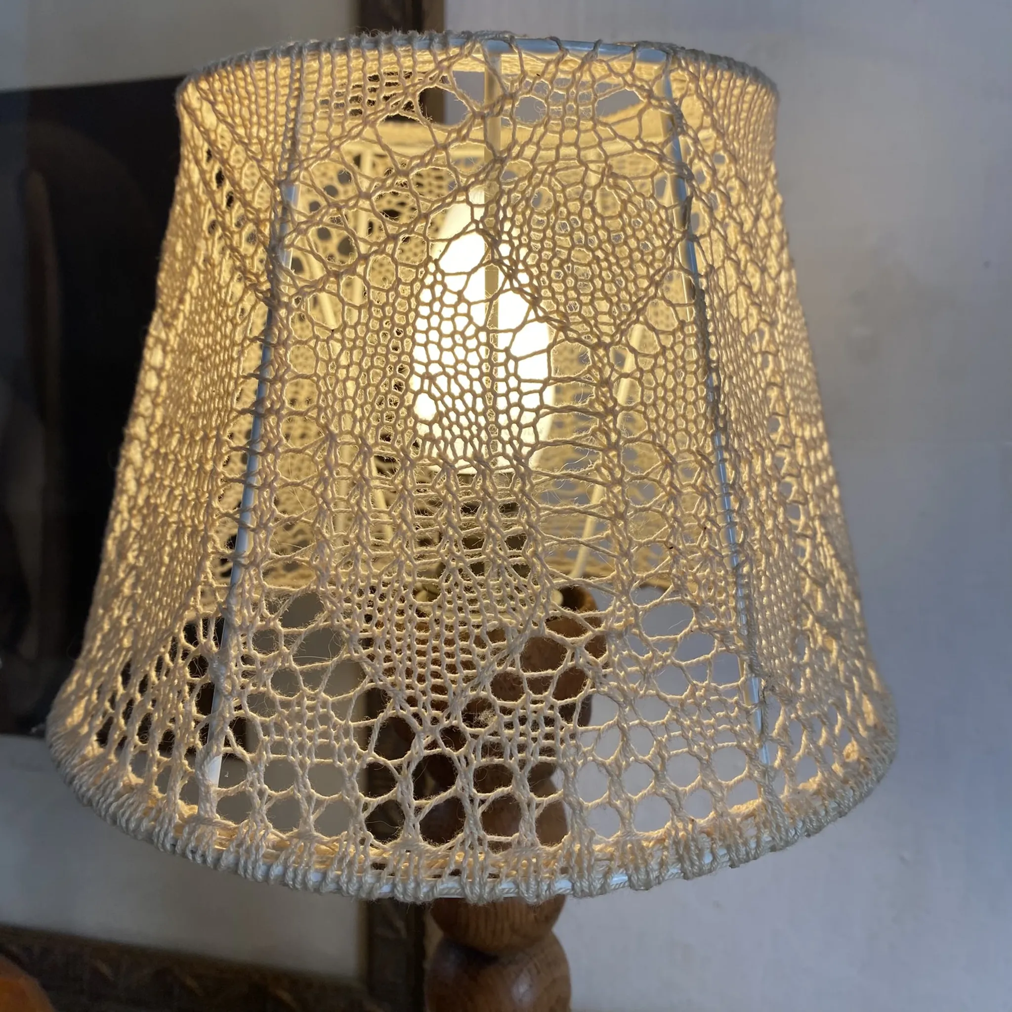 Wooden turned bedside lamp with lace