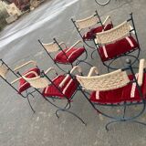 Six. Fauteuils en fer forgé, tressage  cordes
