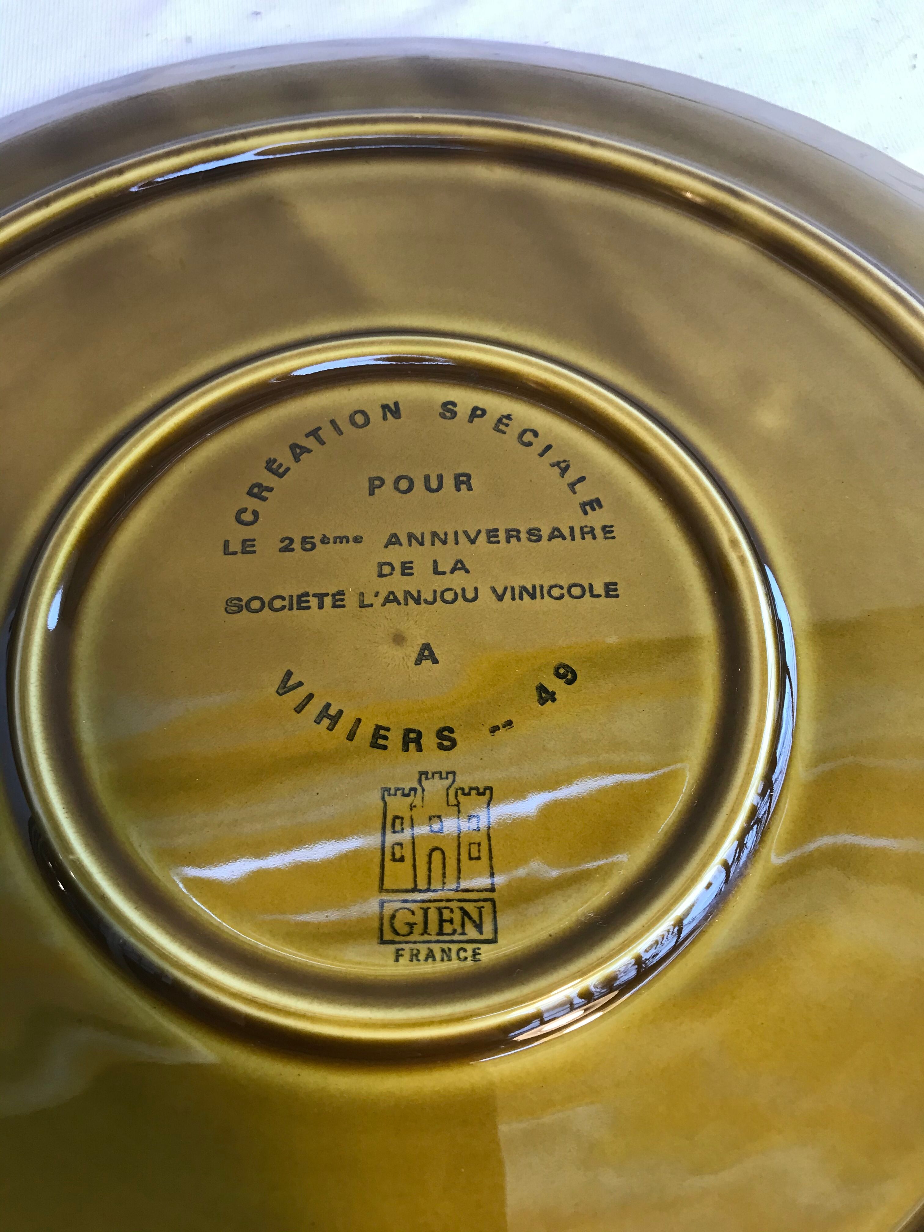 Old dish Gien, drawing chateau chambord in relief and vintage green ceramics