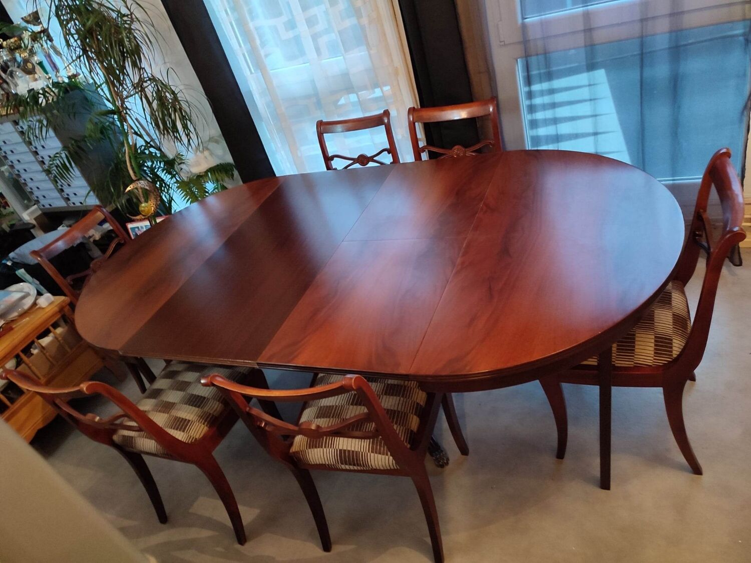 Table + extensions and chairs Gerbeau mahogany vintage wood