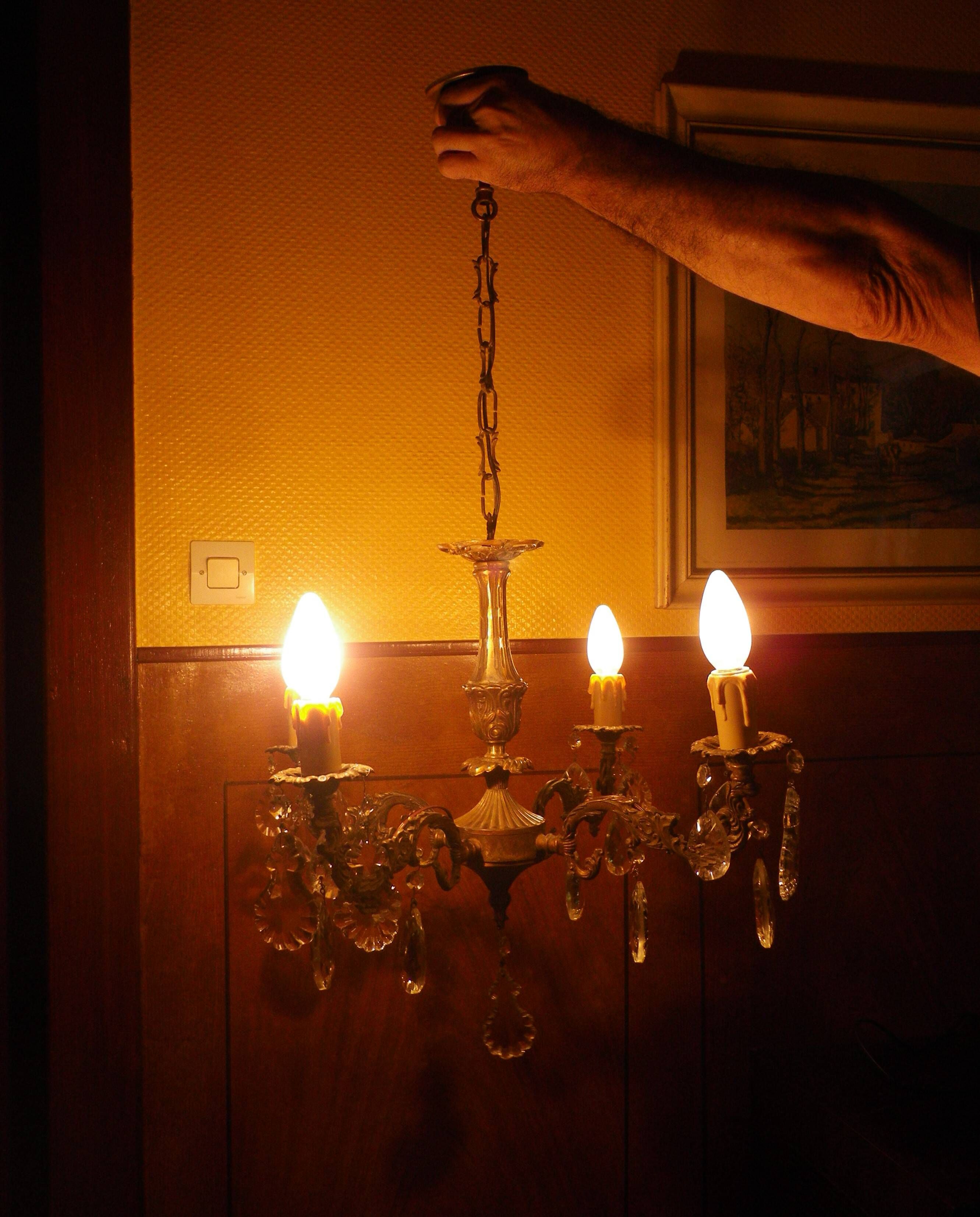 Rococo chandelier with crystal pendants, 4 lights, brass and metal 1950/1960
