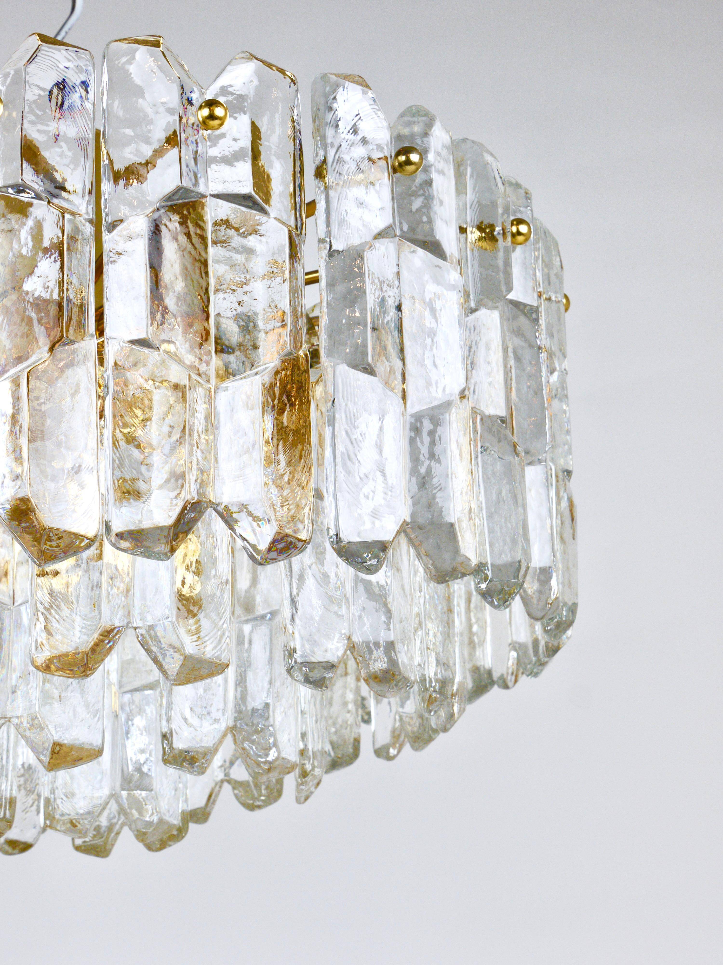 Large ceiling chandelier in gilded brass and glass Palazzo J.T. Kalmar, 1950s