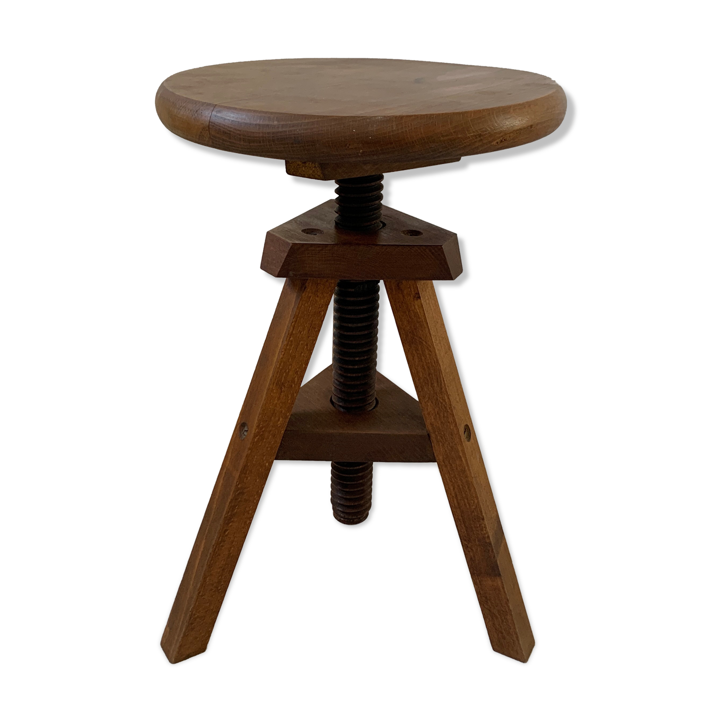 Wooden tripod stool with vintage screw