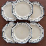 Set of 6 Longchamp France Octagonal Plates - Blue Lotus Flower Pattern
