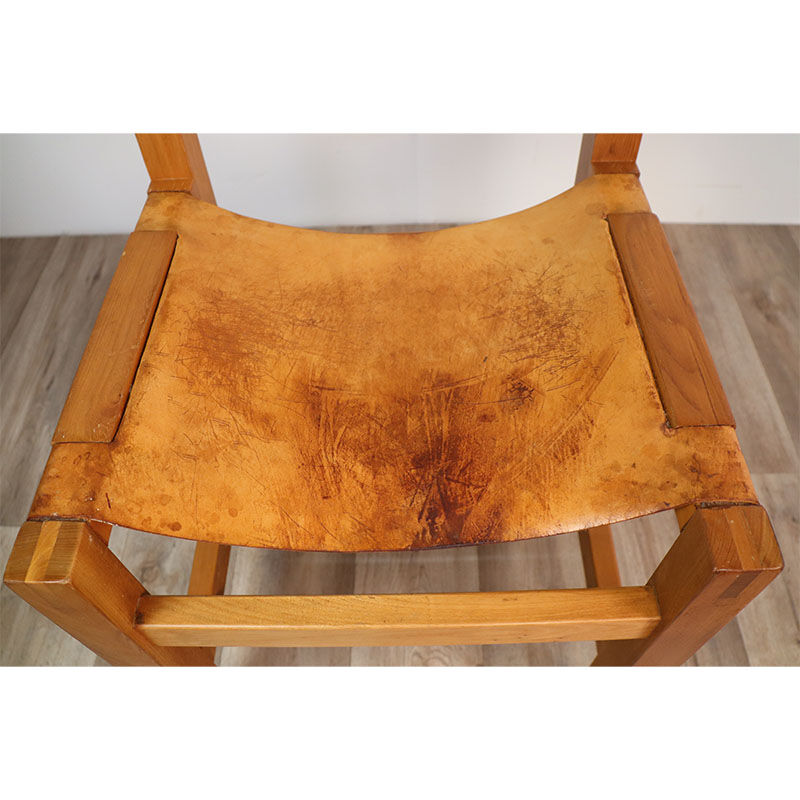 Chaise vintage Maison Regain en orme et cuir 1970