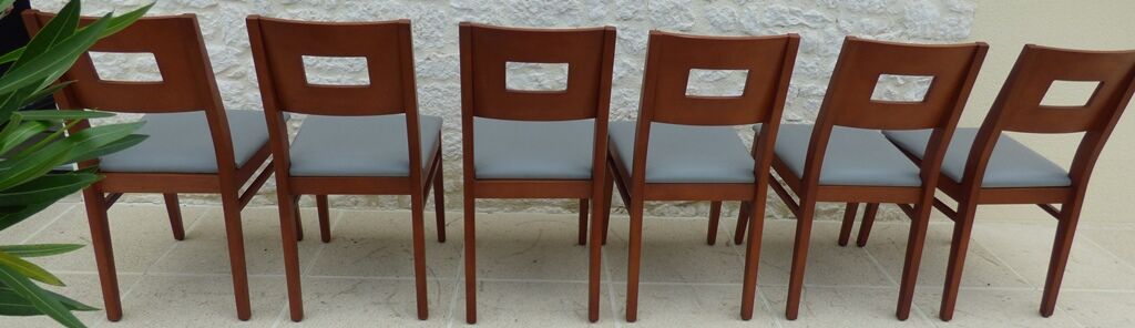 Set of 6 cherry wood style chairs with gray imitation leather seat