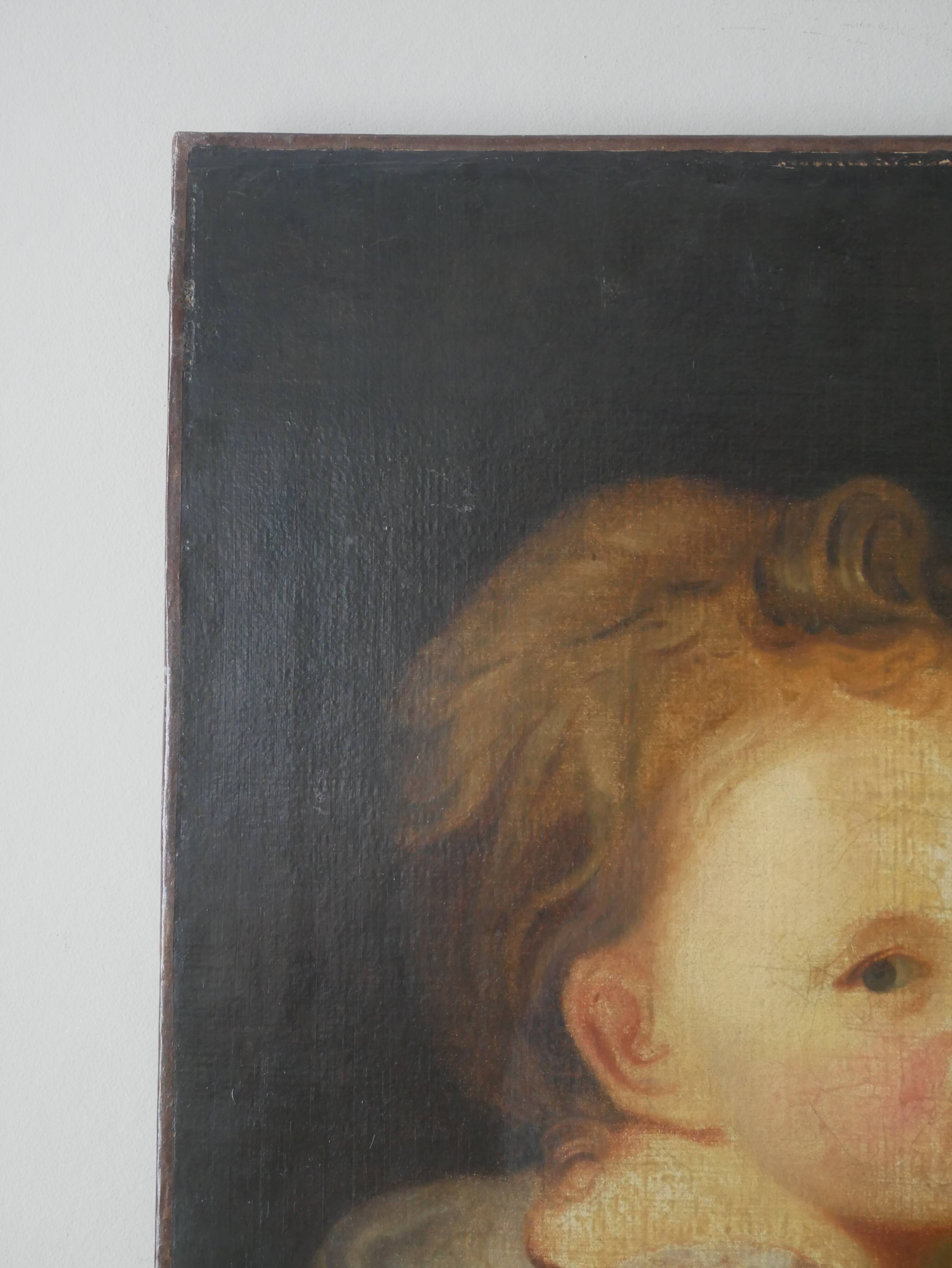 Old oil painting on canvas, countryside decoration, child portrait