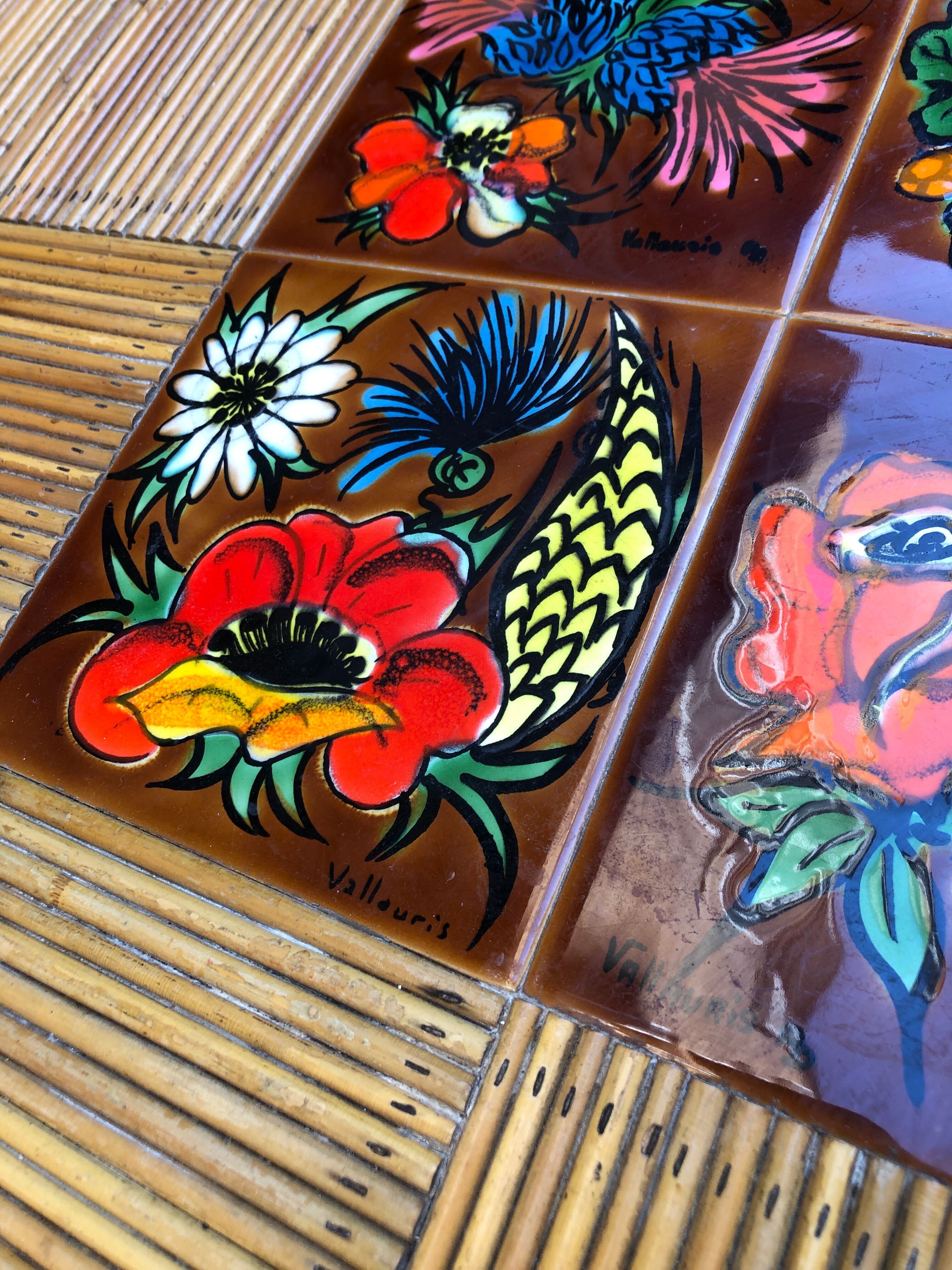 Vintage bamboo, rattan and Vallauris tiles table