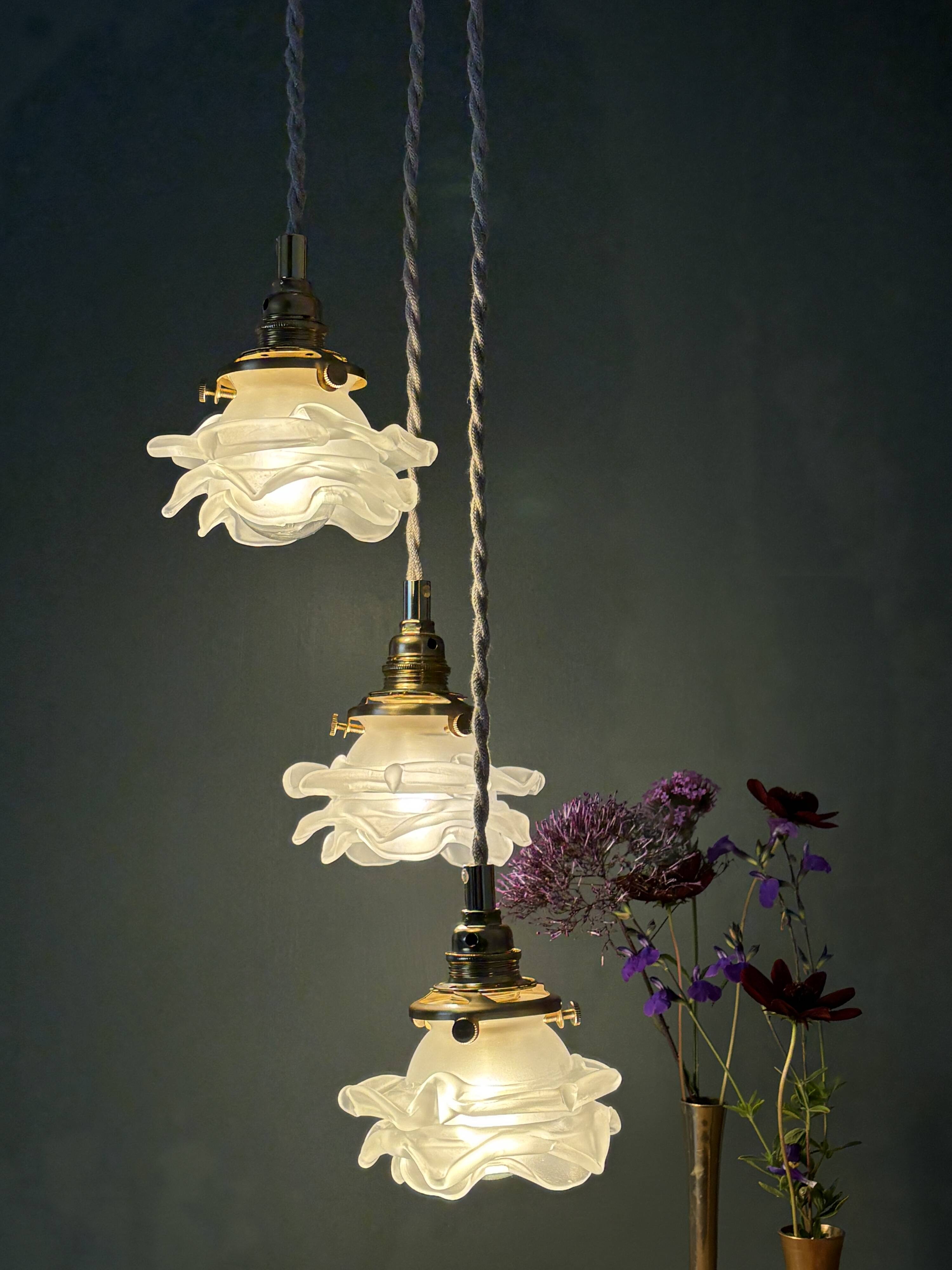 Vintage triple tulip pendant light in frosted glass in the shape of flowers