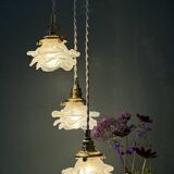 Vintage triple tulip pendant light in frosted glass in the shape of flowers