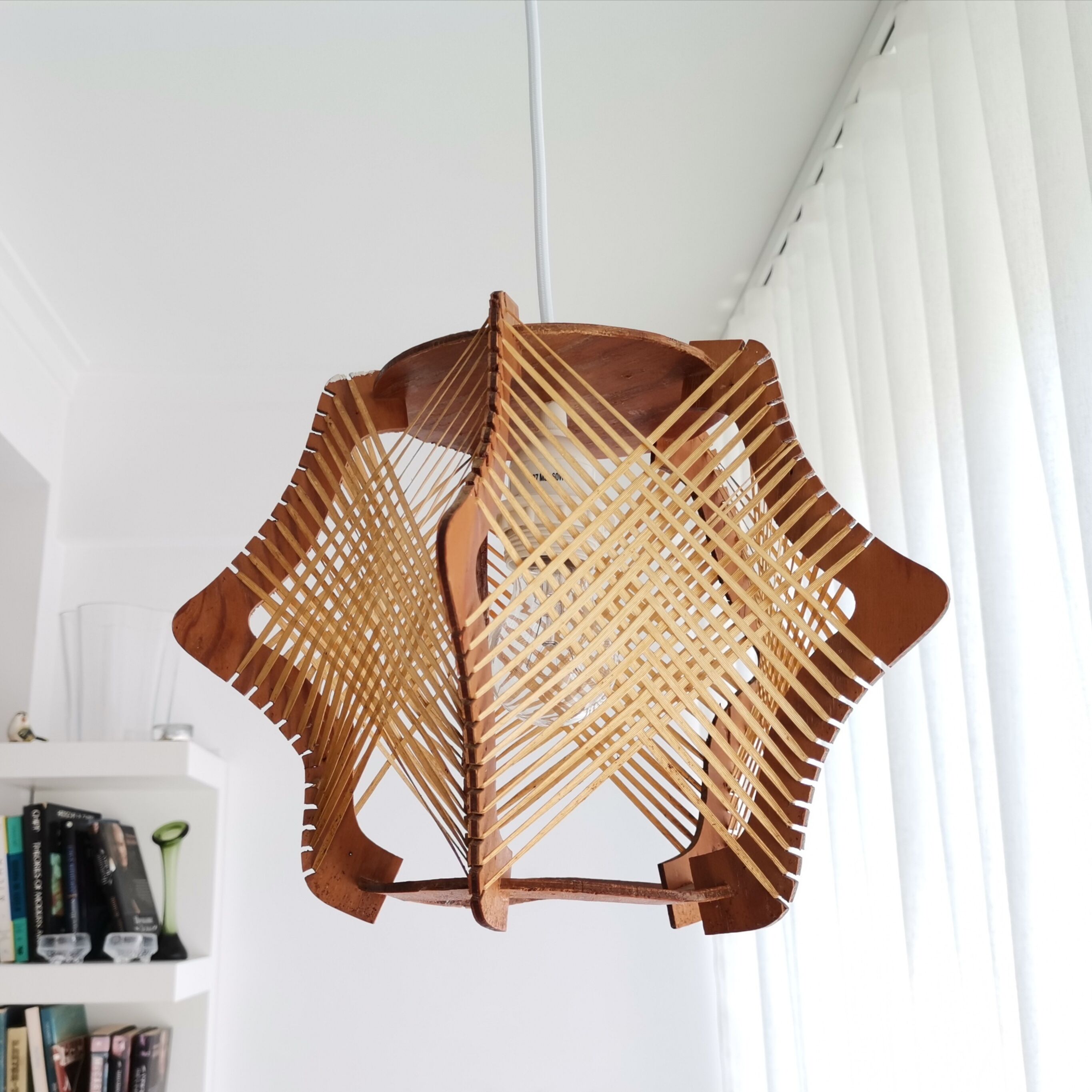 Vintage 1960s wood and straw wooden ceiling hanging lamp