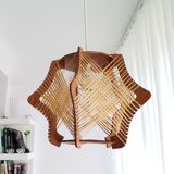 Vintage 1960s wood and straw wooden ceiling hanging lamp
