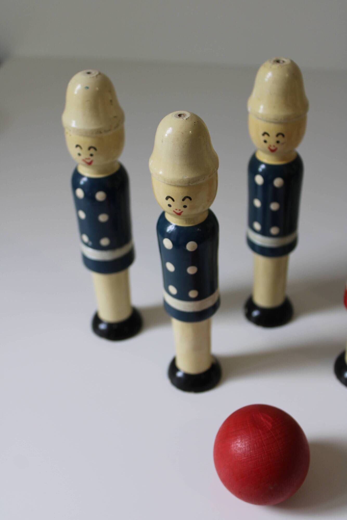 Vintage 1970s wooden soldier bowling set or bowling alley