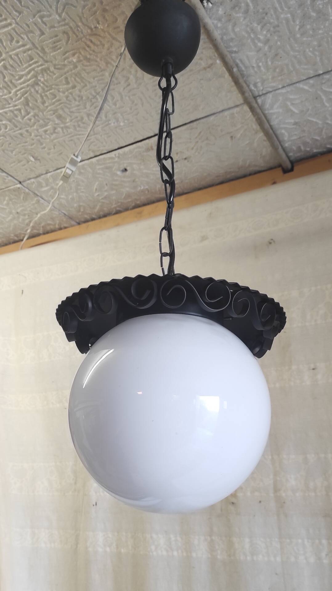 Metal lantern suspension and opaline globe by Delmas - mid 20th century.