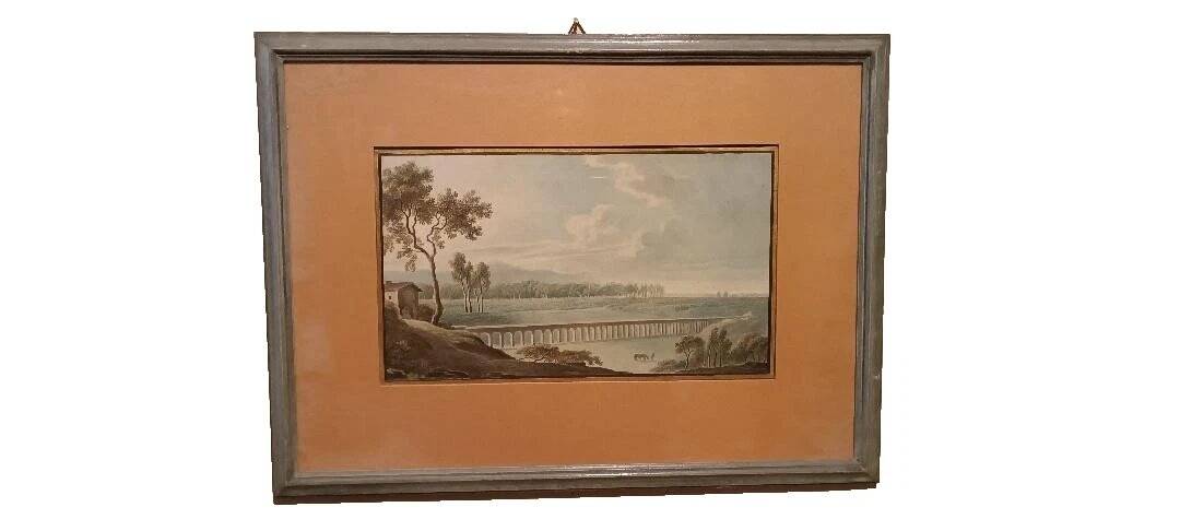 Old watercolour on paper from the early 19th century – landscape with aqueduct