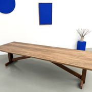 Refectory table in solid pine and beech, with X-shaped legs.