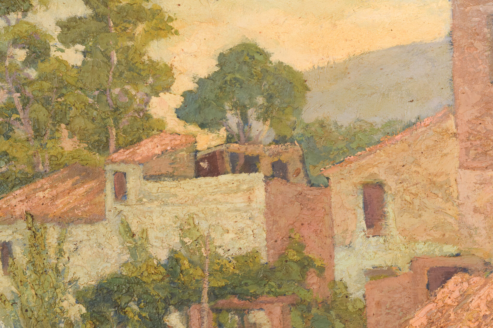 Impressionist painting of villas and garden