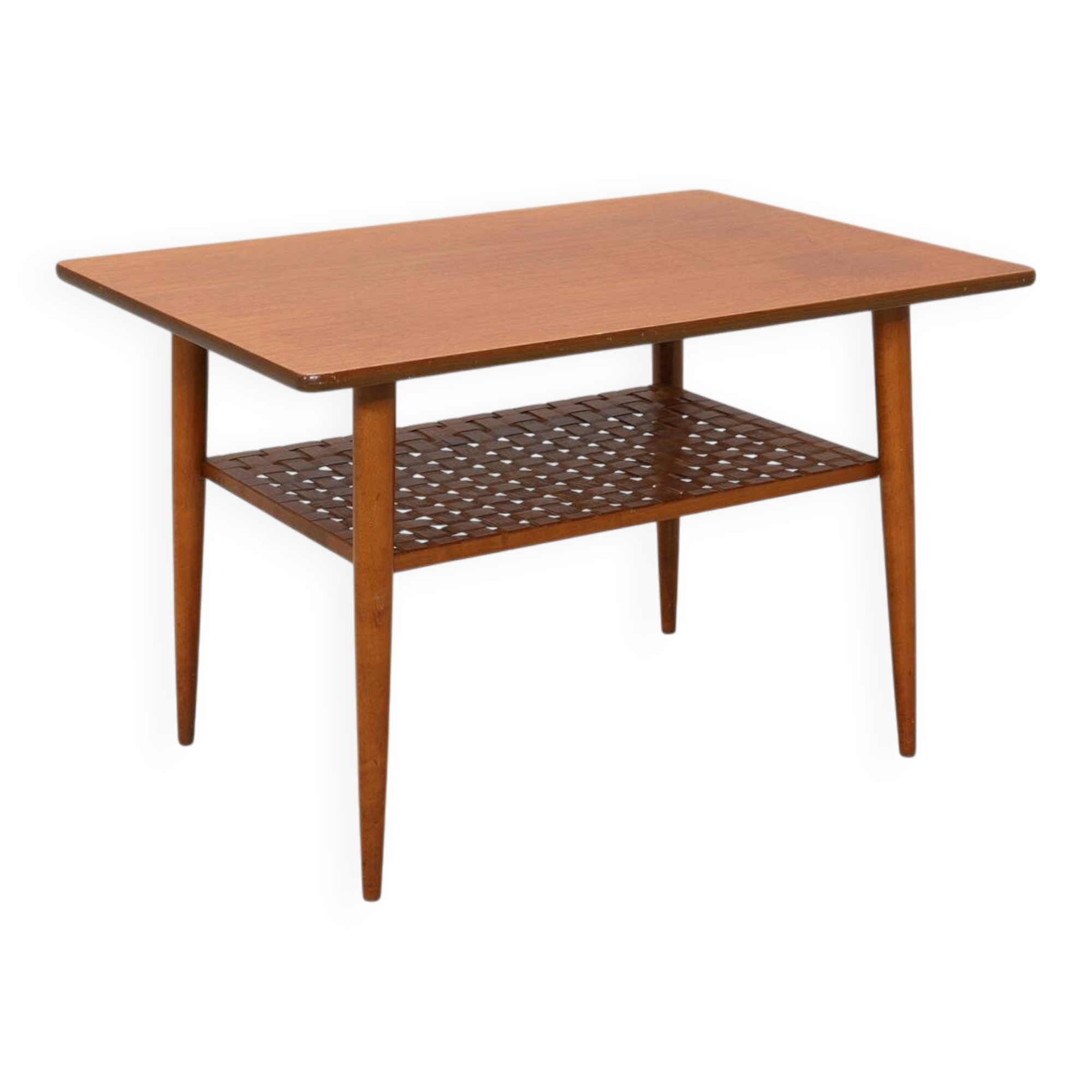 Vintage Scandinavian teak coffee table with woven shelf - 1960s