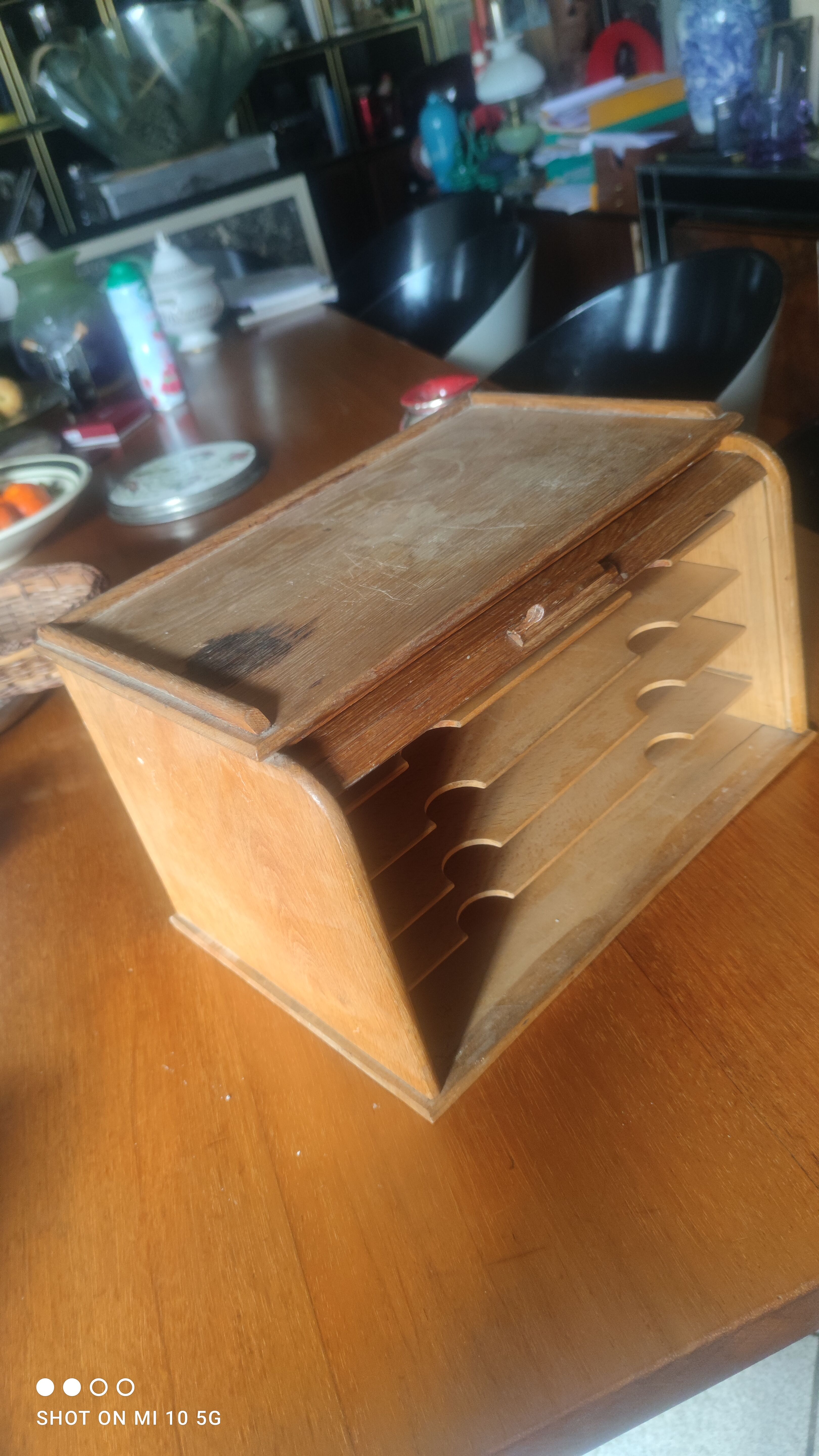 Oak roll-top desk organizer, circa 1930