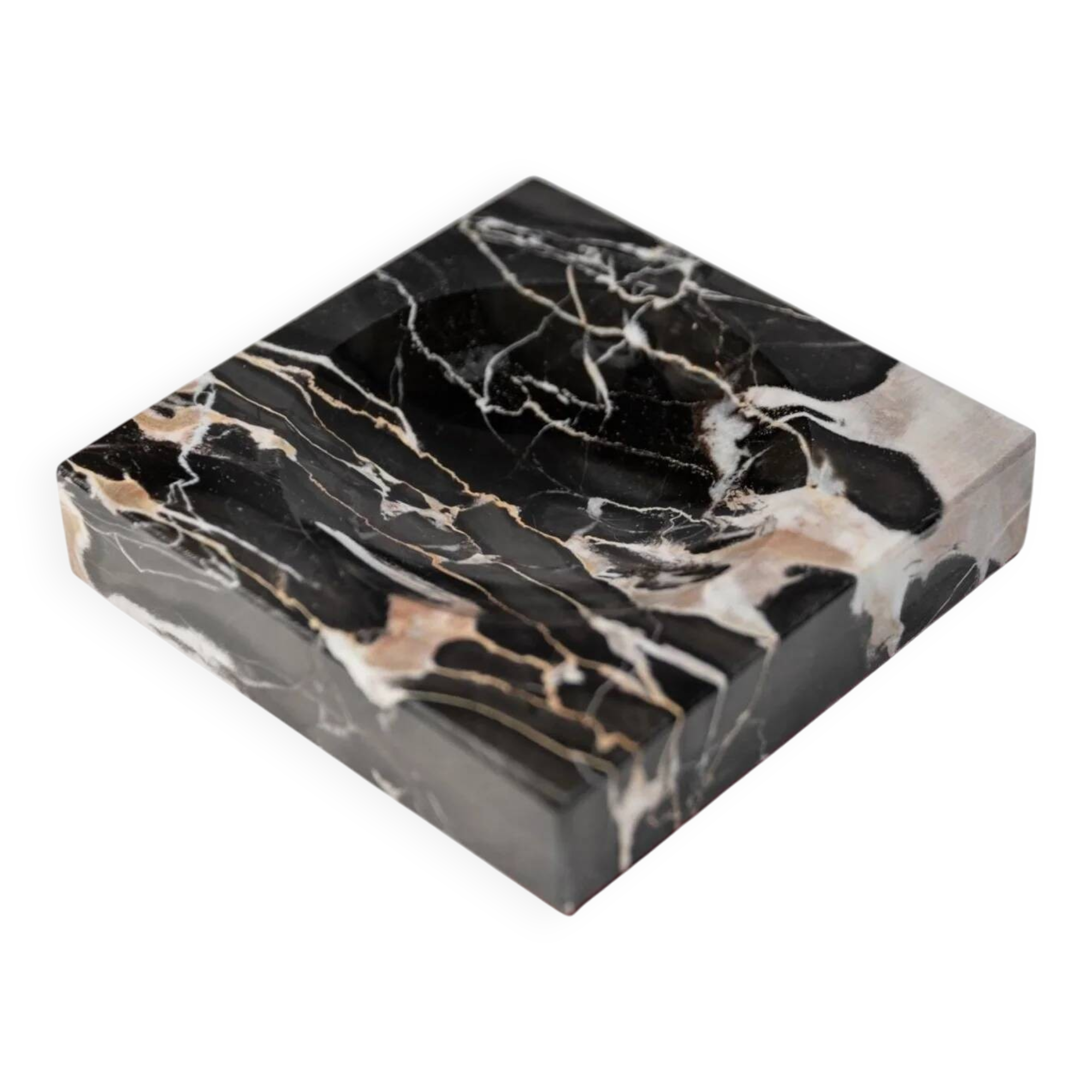 Cendrier vintage en marbre noir, beige et blanc avec base en tissu rouge - Design italien des années 1970, sculpture de bureau lourde